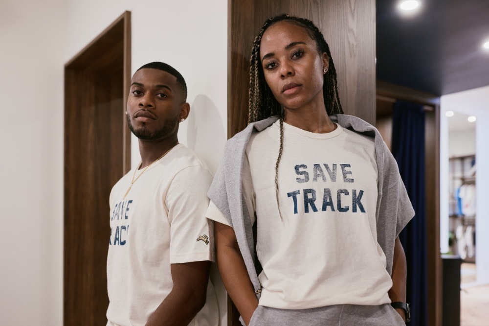 tracksmith save track grayboy worn by man and woman