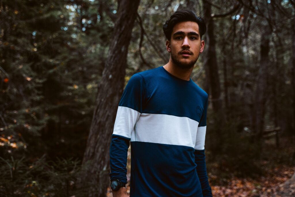 Brandon wearing the Iffley Road fall long sleeve