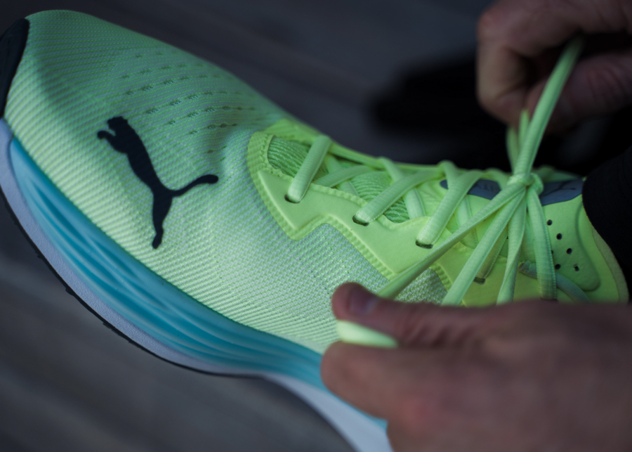On foot showing the upper and laces
