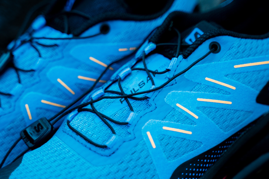 salomon pulsar trail shoe in blue laces