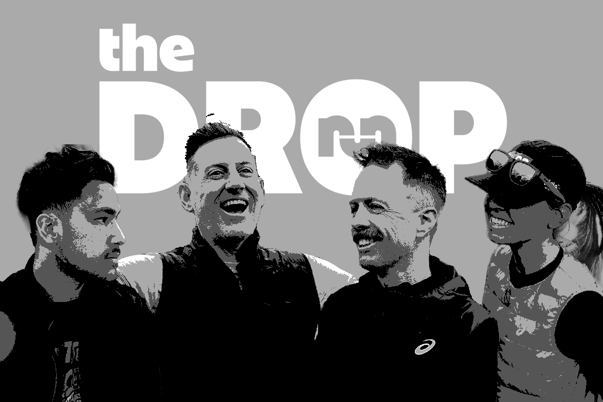 believe in the run team laughing with the drop logo in the background