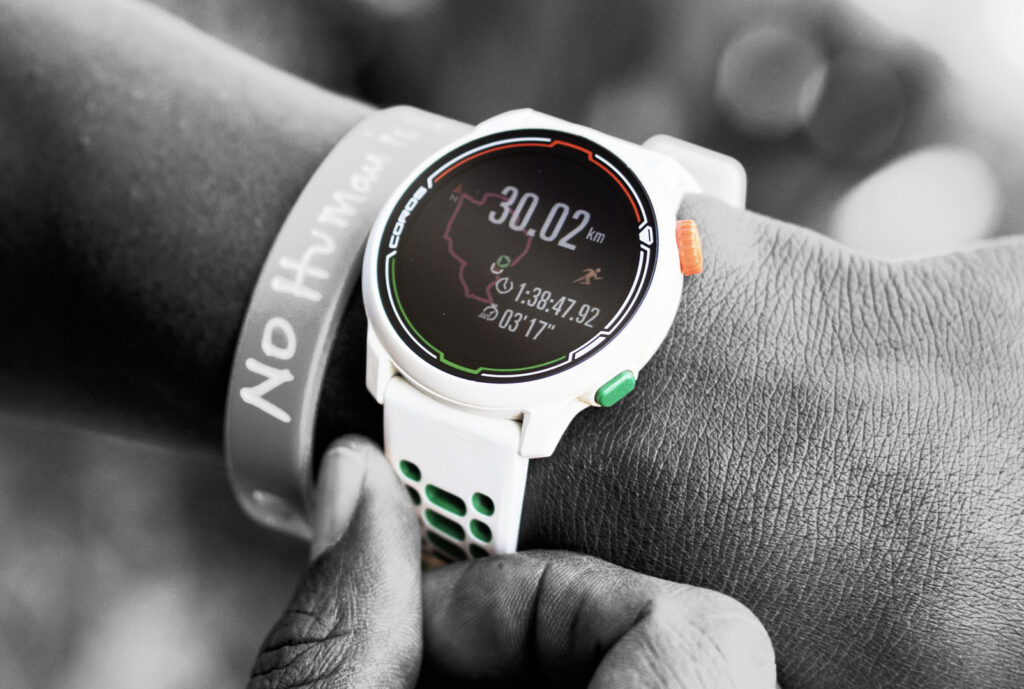 Black and white photo of the coros pace 2 eliud kipchoge edition gps watch