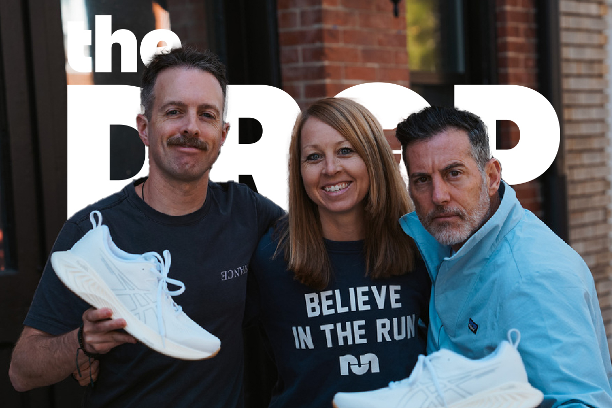 man on left holding a white shoe, woman in center, man on right holding a white shoe