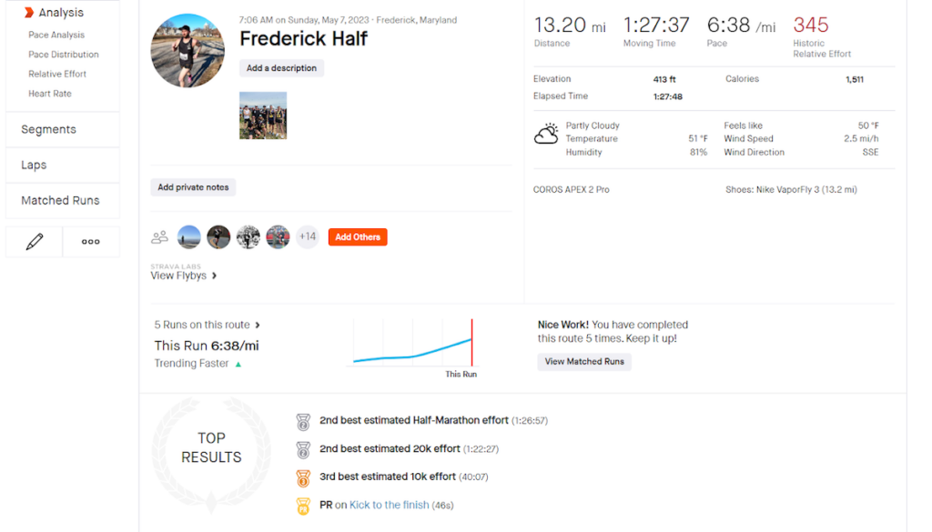 strava frederick marathon recap