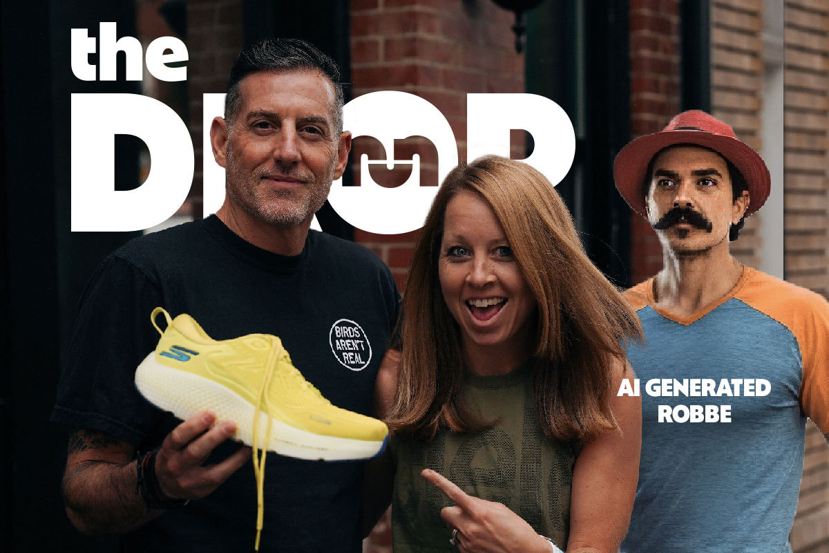 the drop e166 cover image with thomas holding the skechers max road 6