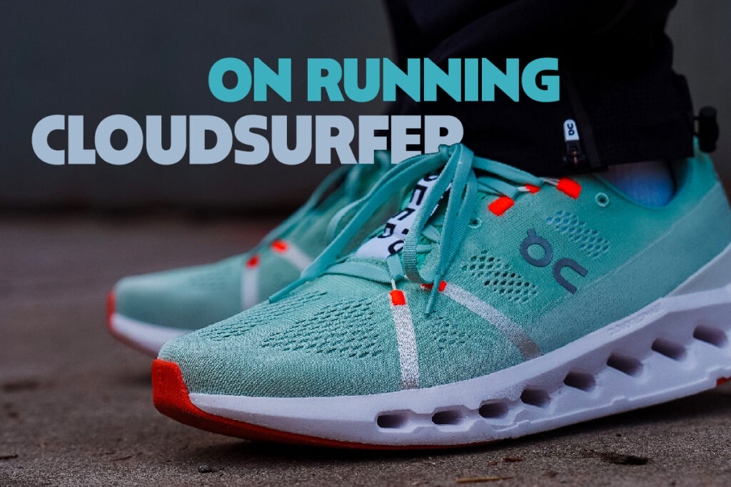 title card for on cloudsurfer video review featuring teal on cloudsurfer shoes