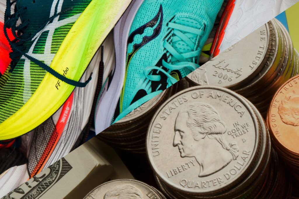 photo of a pile of running shoes on the top left and a stack of american change on the bottom right