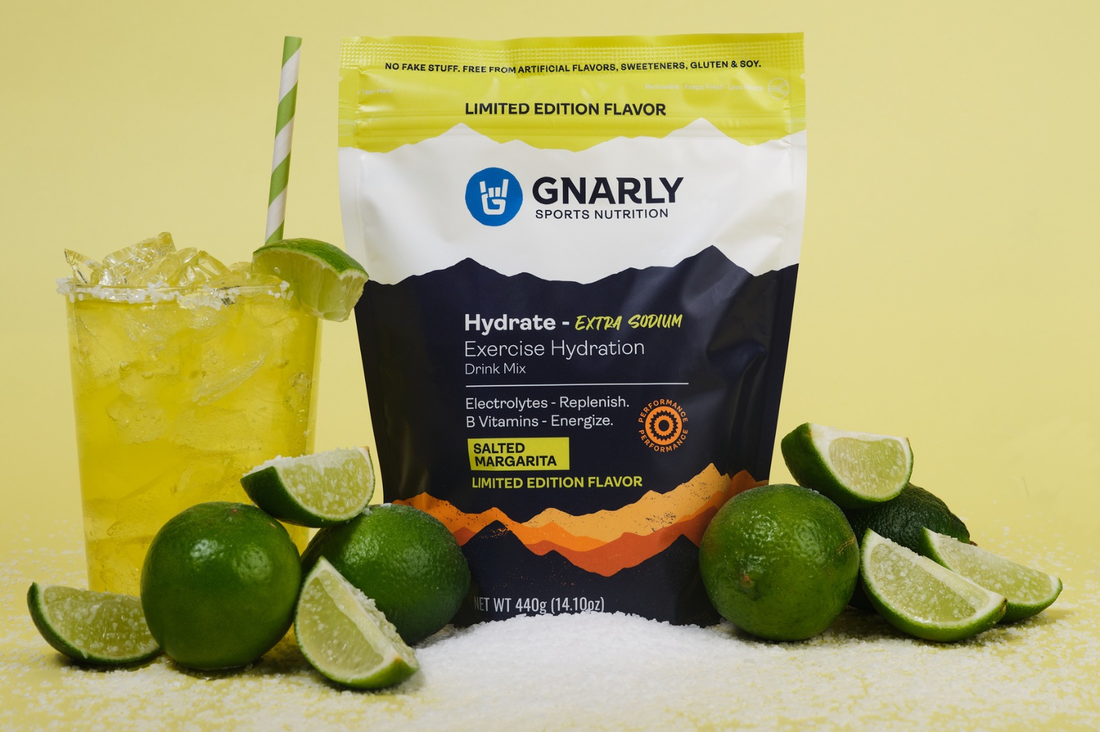 gnarly hydration pack surrounded by limes and a margarita with salted rim - salted margarita feature