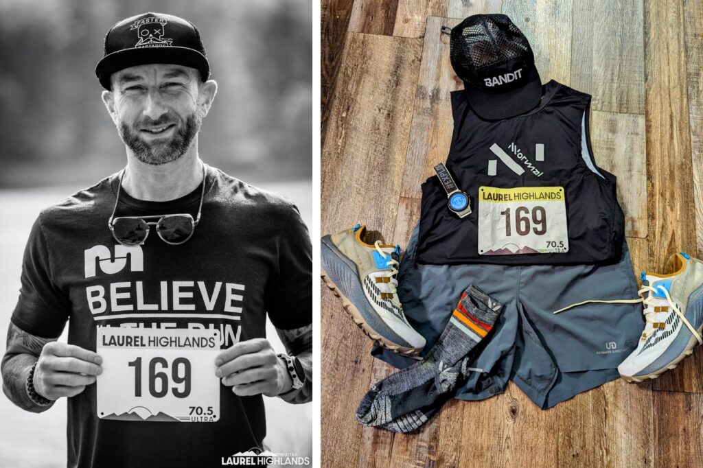 Two photos of a man in a hat and running shoes during Kilian's training in month 3.