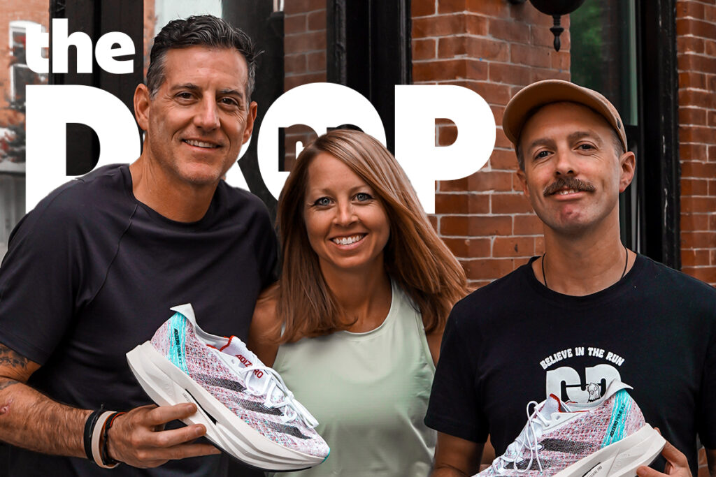 man on left holding adidas shoe, woman in center smiling, man on right holding adidas shoe